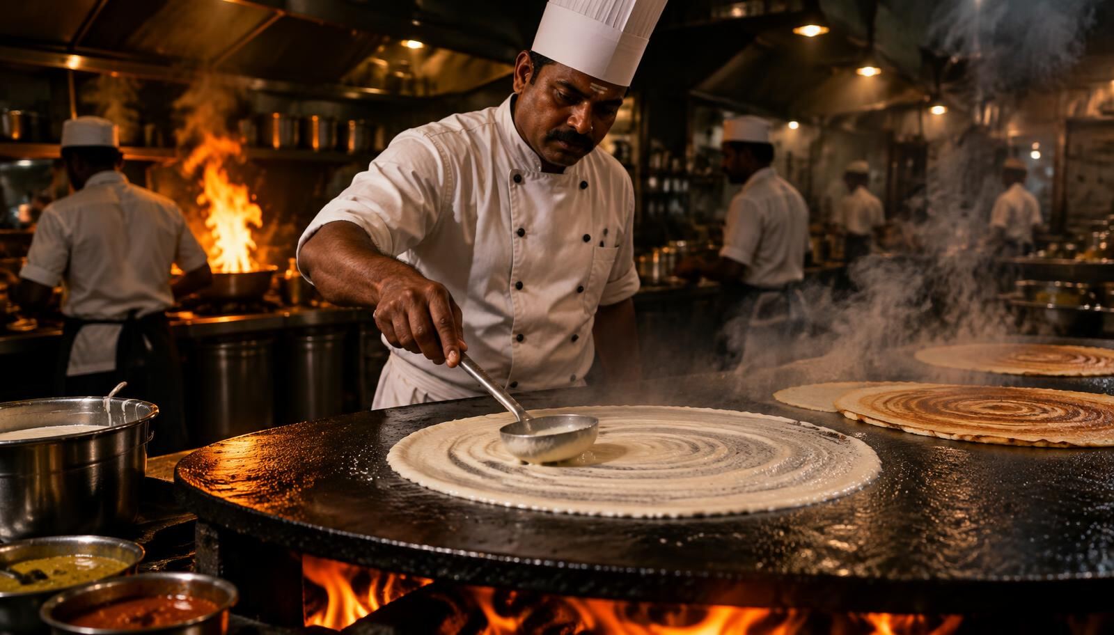 A chef spreading dosa batter on the tawa