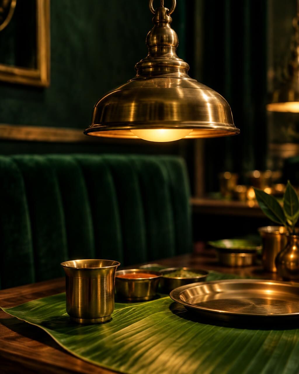 Brass light on banana leaf